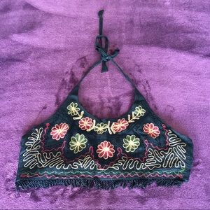 Black Crop Top with Woven Floral Detailing